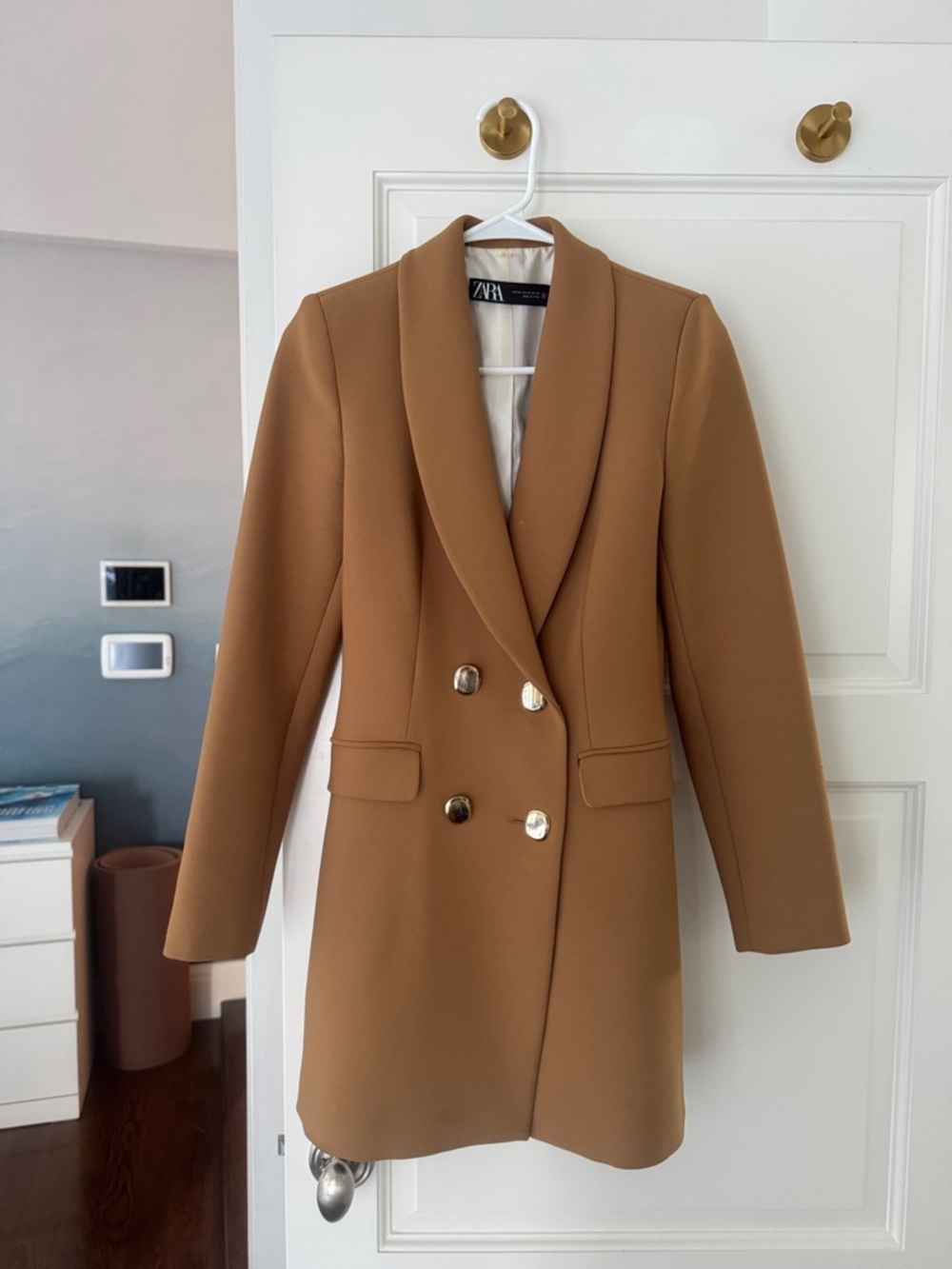 Zara Camel Double-Breasted Blazer Jacket with Gold Buttons